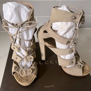 Gucci Zarit Suede Lace Up Gladiator High Heel Espadrille Sandals 39.5